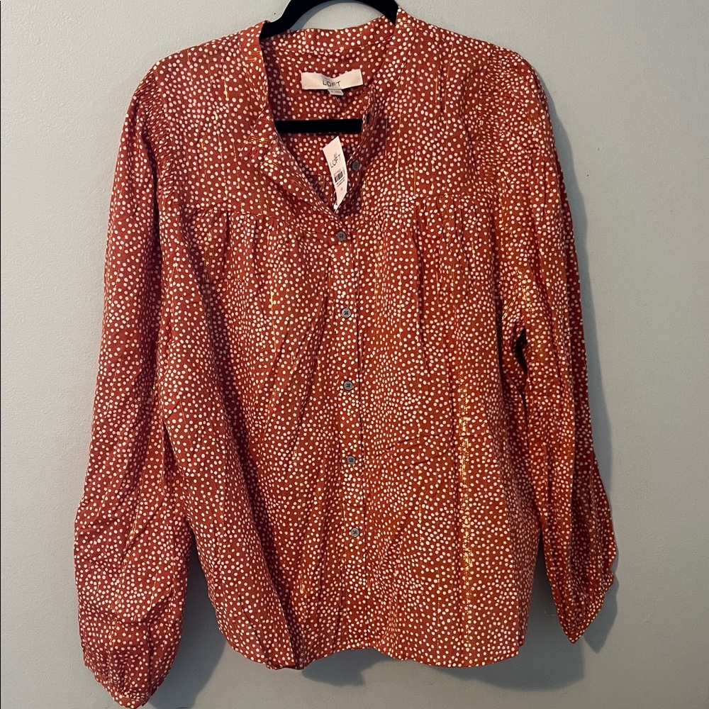 LOFT Rust and Cream Shimmer Button Down Shirt